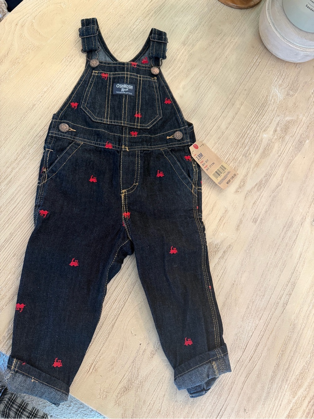 NWT OshKosh B'gosh Dark Blue Denim Overalls with train Crab Motif 18 mo